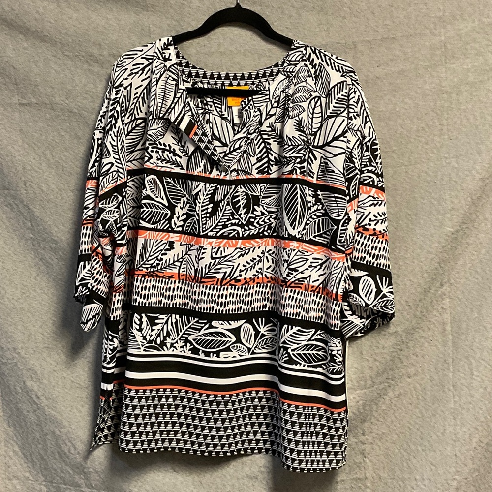 Ruby Rd. Black and White Leaf Pattern Blouse with… - image 1